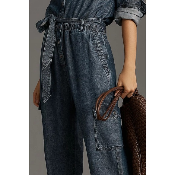 NWT Anthro Cloth & Stone Denim Utility Jumpsuit Belted Cargo Pockets XL $188 - Picture 5 of 11